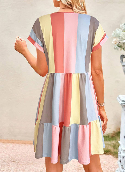 Multi-color contrasting printed V-neck dress