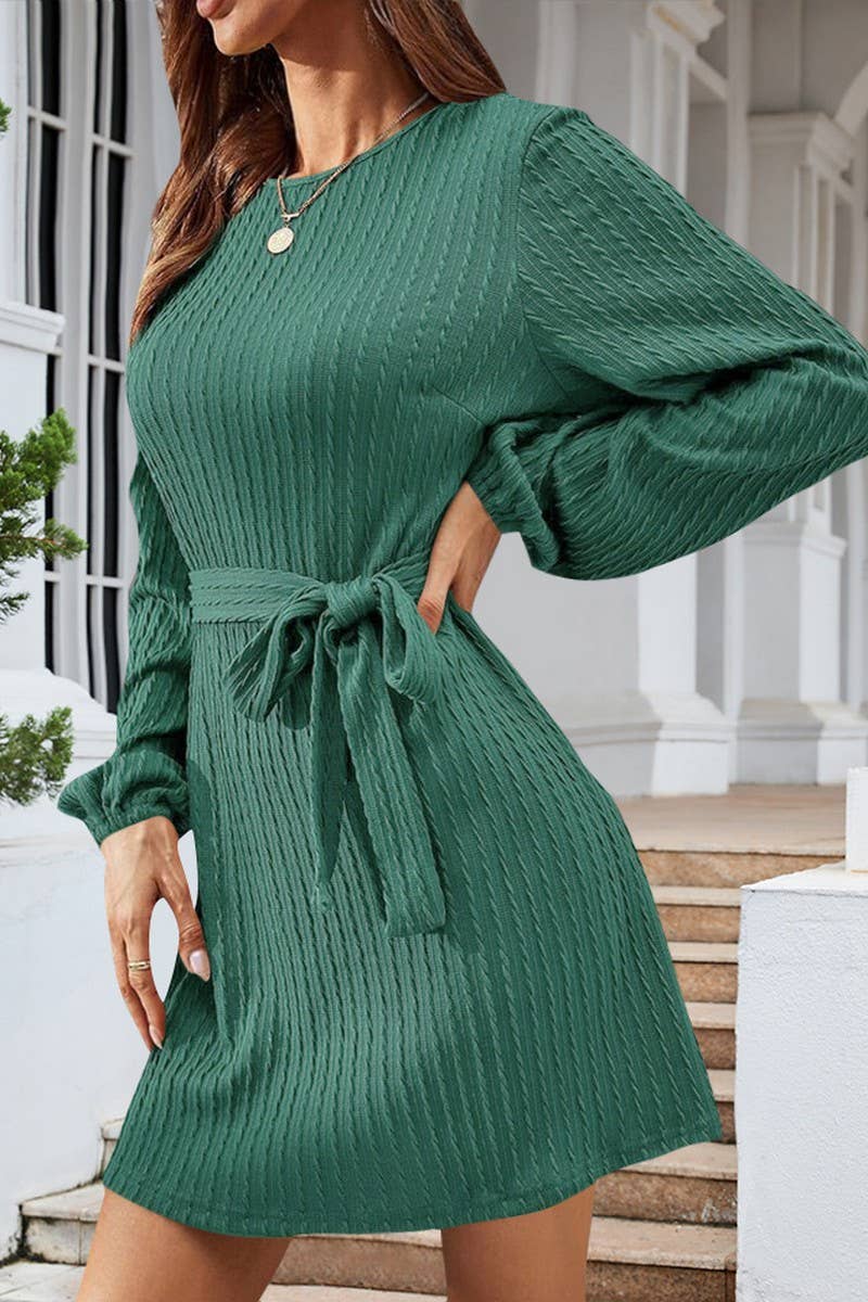 CWDSD7222_NEW STYLE CABLE KNITTED PUFF SLEEVE CASUAL DRESS
