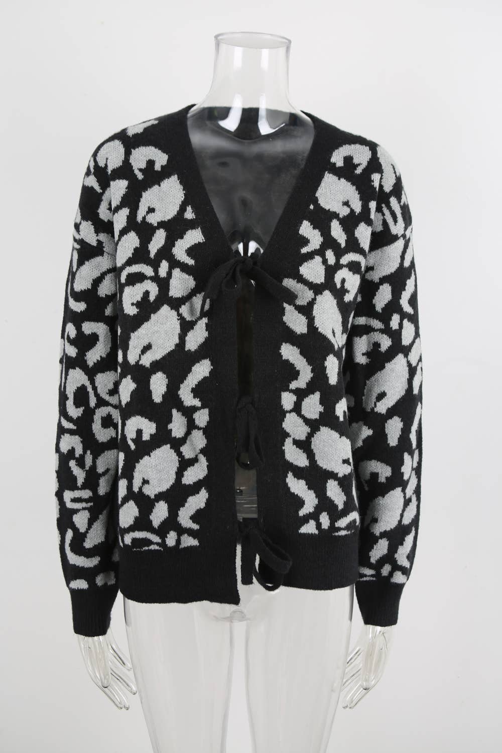 Leopard print jacquard bow tie cardigan