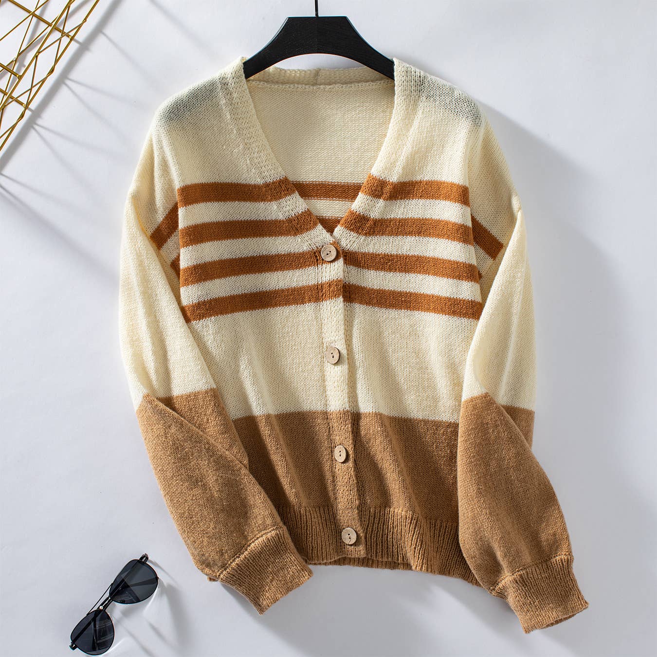 Striped button knit cardigan in contrasting colors