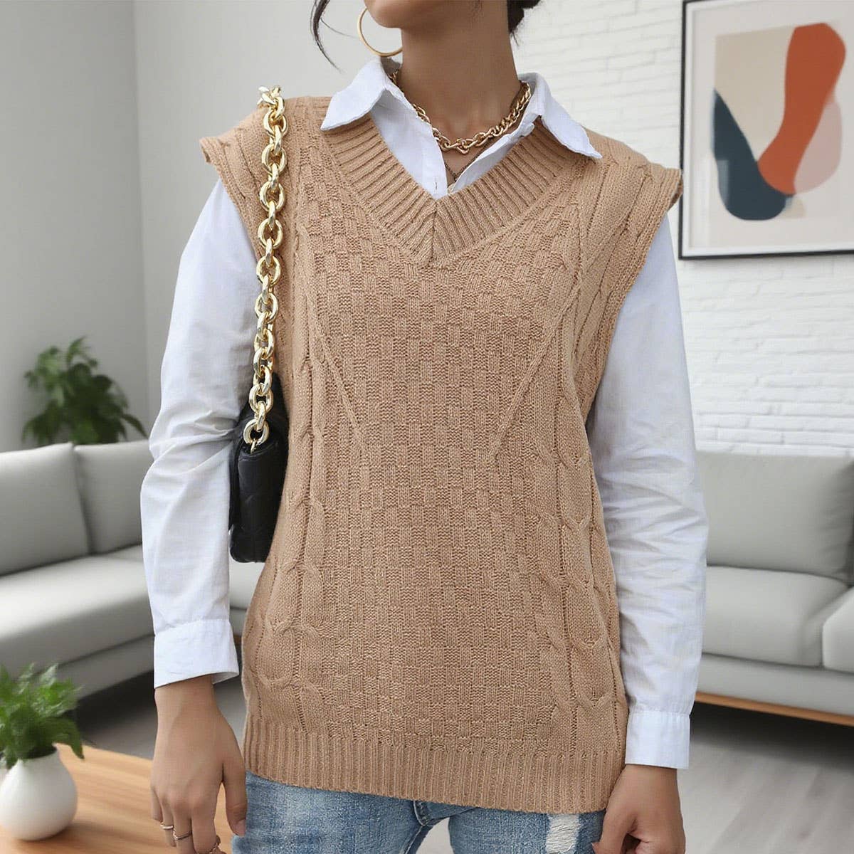 V-neck twisted knit waistcoat