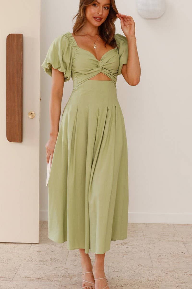 CWDMD5652_SOLID V-NECK LONG PUFF SLEEVE SLIM MAXI DRESS