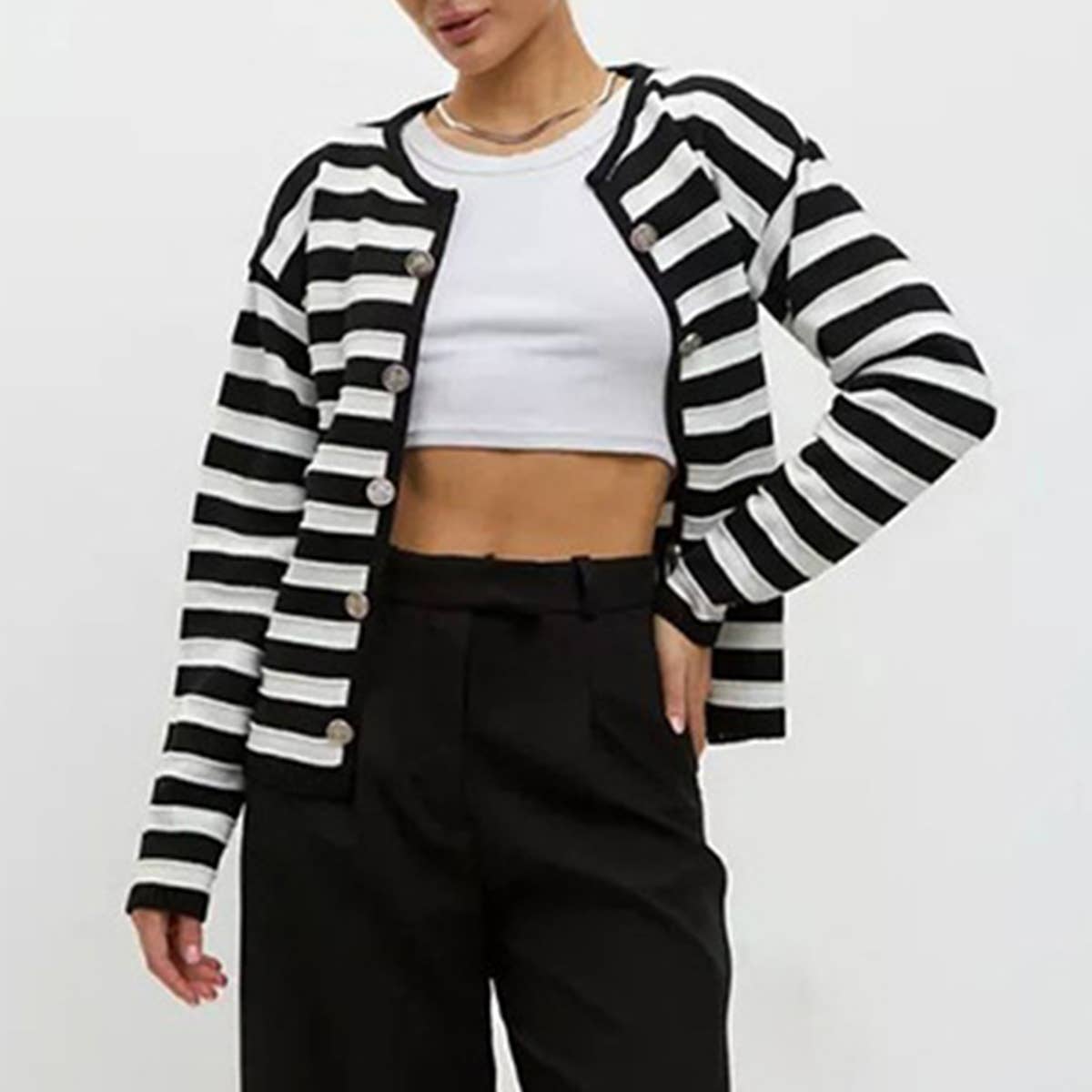 TEMPERAMENT VERSION BUCKLE STRIPED KNIT CARDIGAN