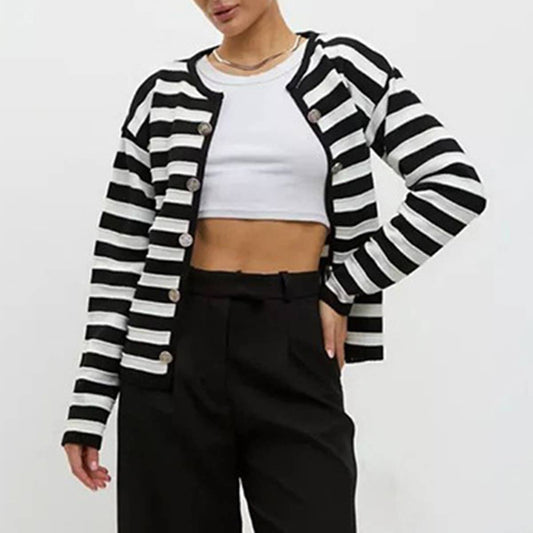 TEMPERAMENT VERSION BUCKLE STRIPED KNIT CARDIGAN