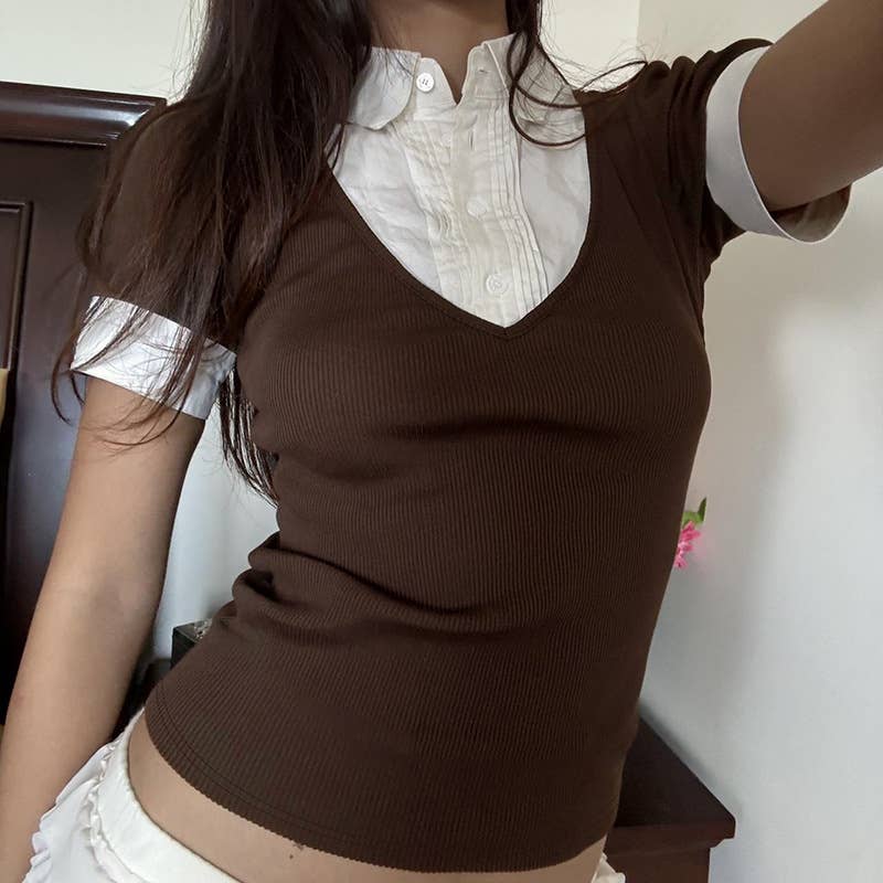 Spliced fake two contrasting color lapel T-shirts