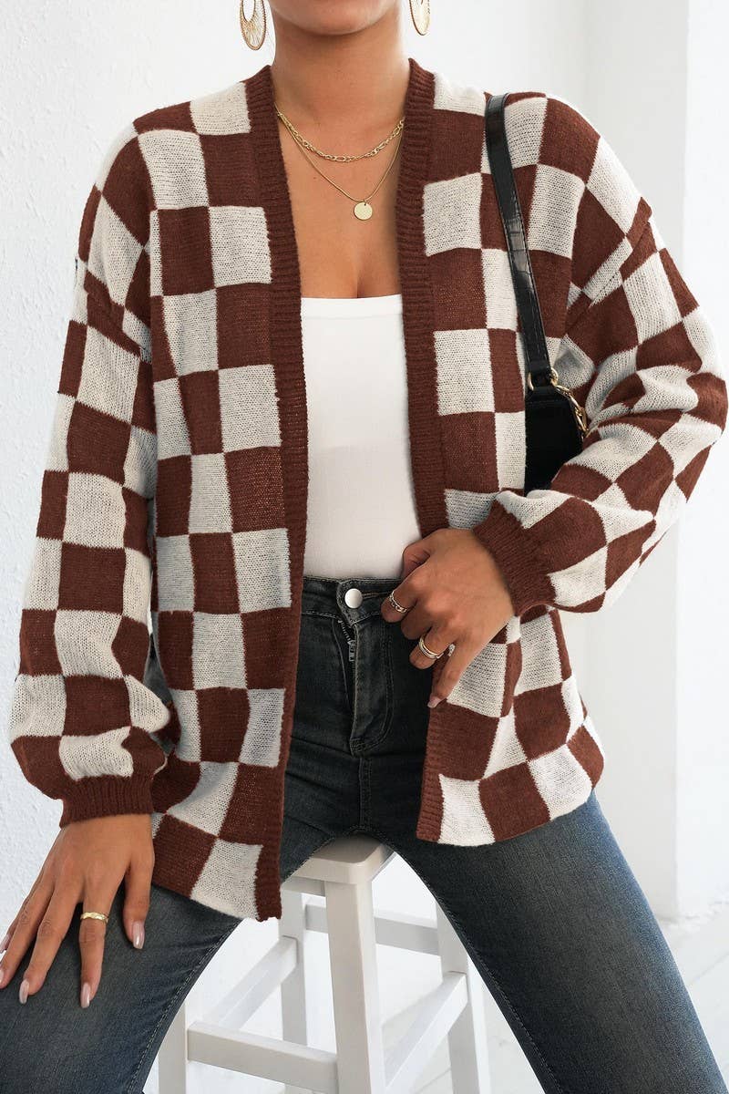 CWOSWL07333_WOMEN BLOCK CHECKERED KNIT CARDIGAN
