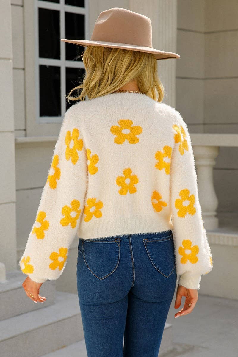 CWOCAL0934_CROPPED V-NECK FLORAL KNITTED CARDIGAN