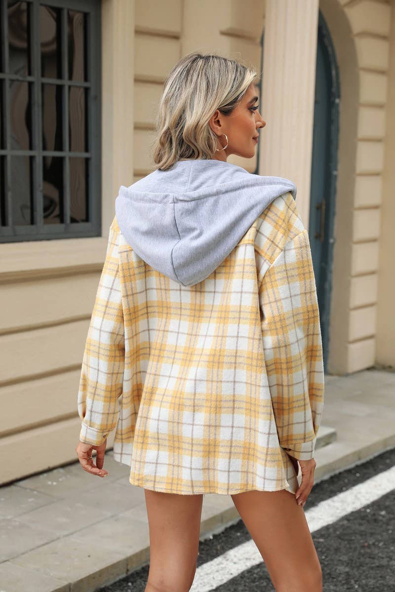 CWOCO0491_HOODED BUTTON-DOWN PLAID LONG-SLEEVED COAT