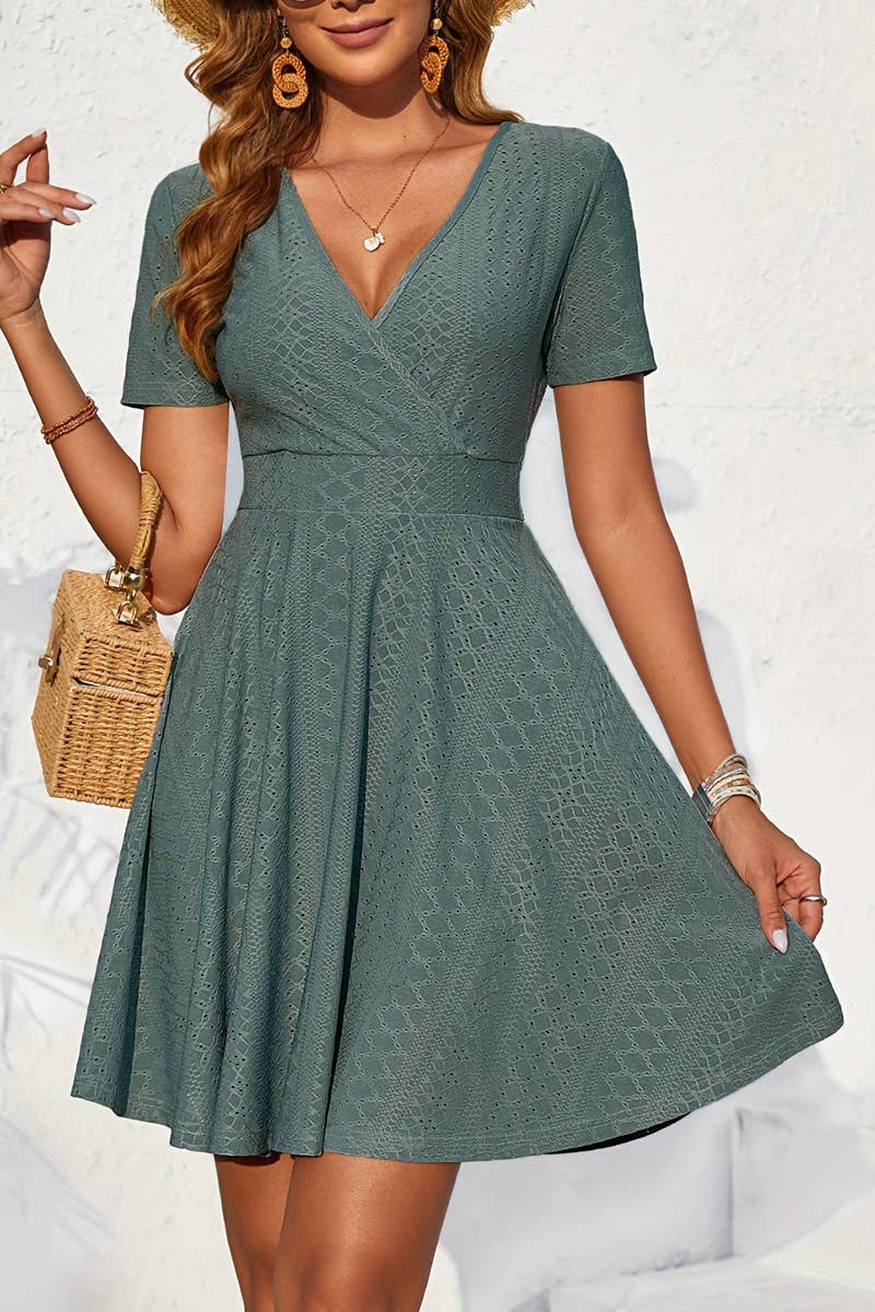CWDSD7646_EMBROIDERED HOLLOW ELASTIC WAIST SHORT DRESS