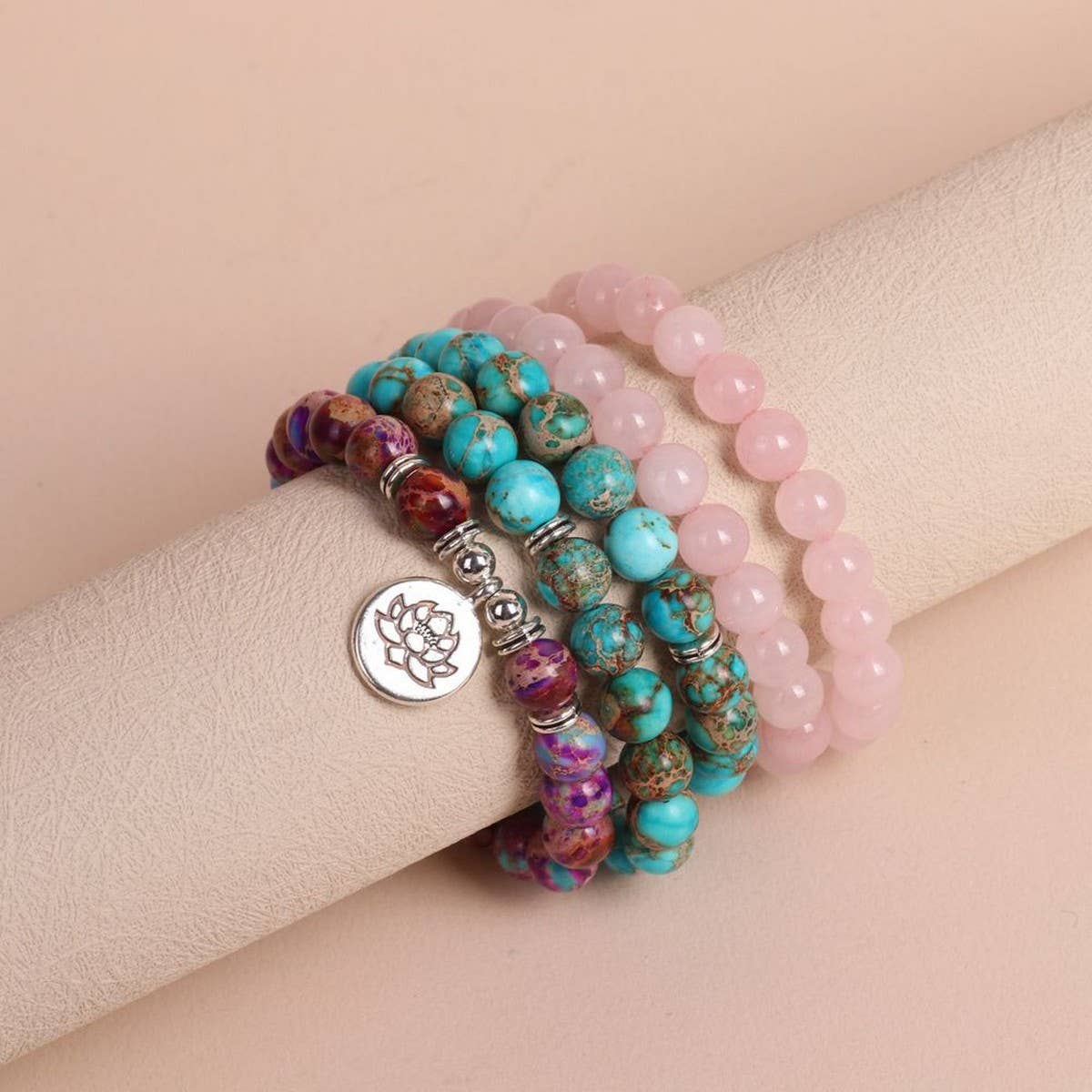 PURPLE EMPEROR PINE, ROSE QUARTZ BEADED BRACELETS_CWAJE3938