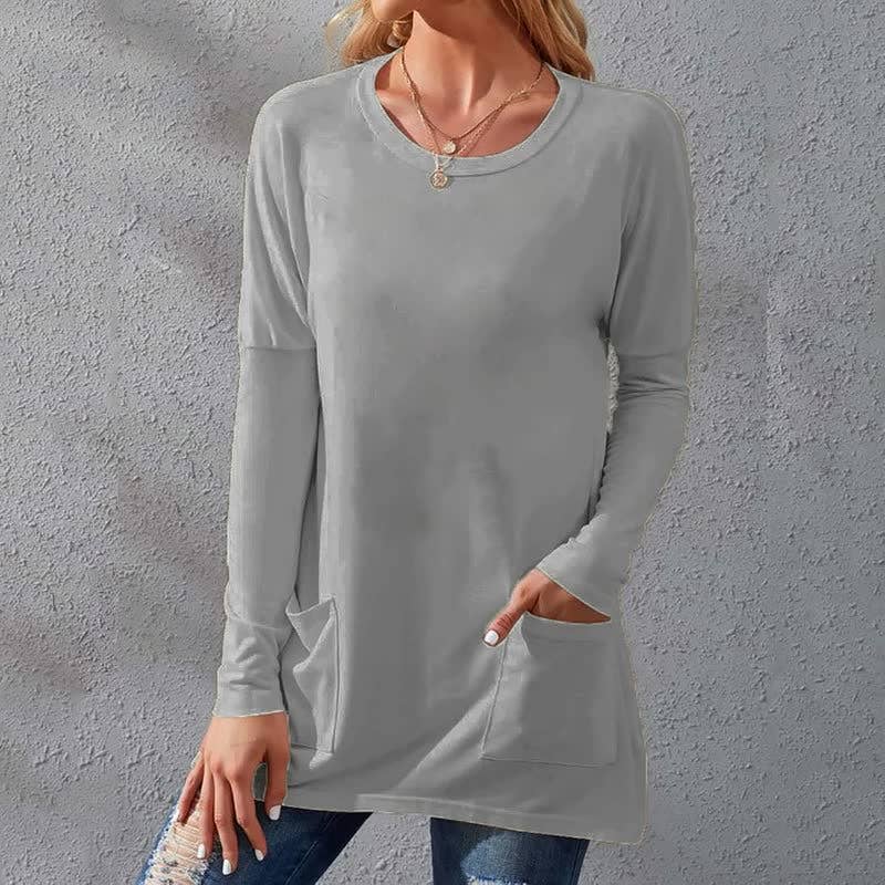 Solid-color loose round-neck pocket T-shirt