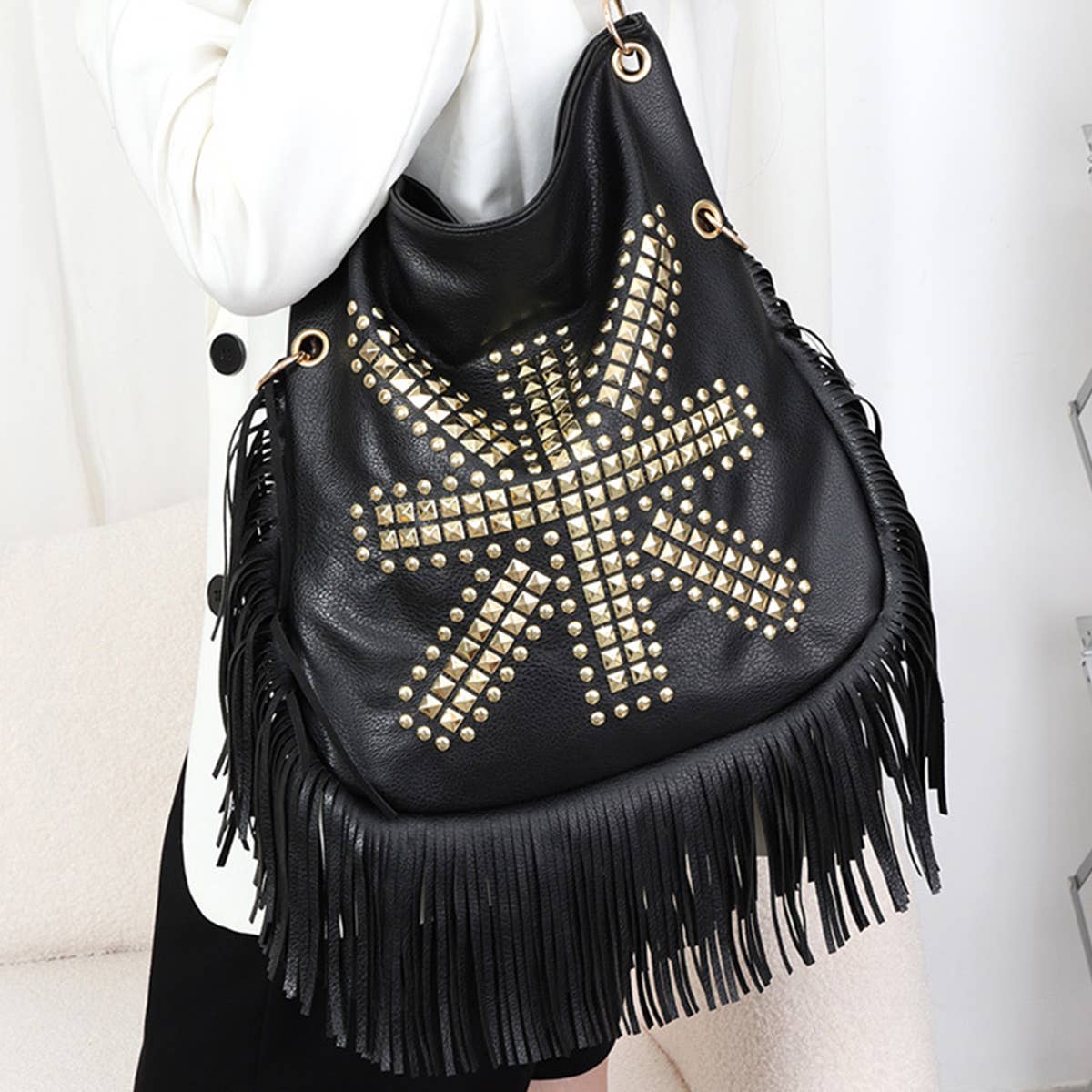 WOMEN RIVET SOFT LEATHER PORTABLE SHOULDER BAG_CWAB0785