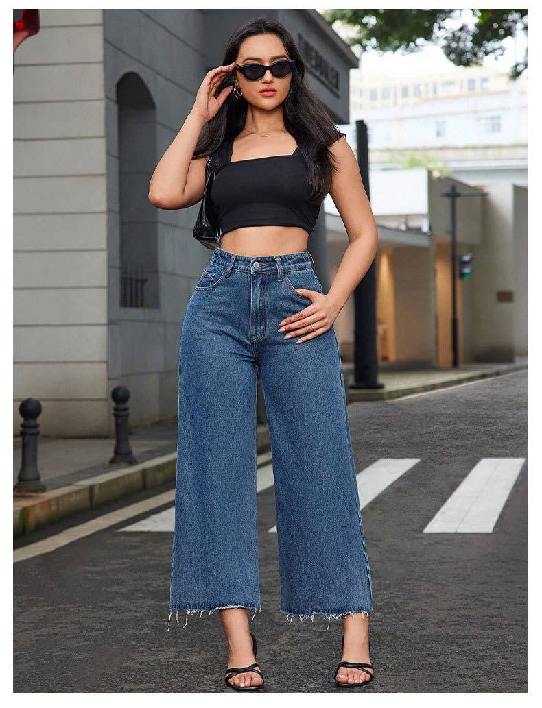 High-waisted straight-leg wide-leg fringed jeans