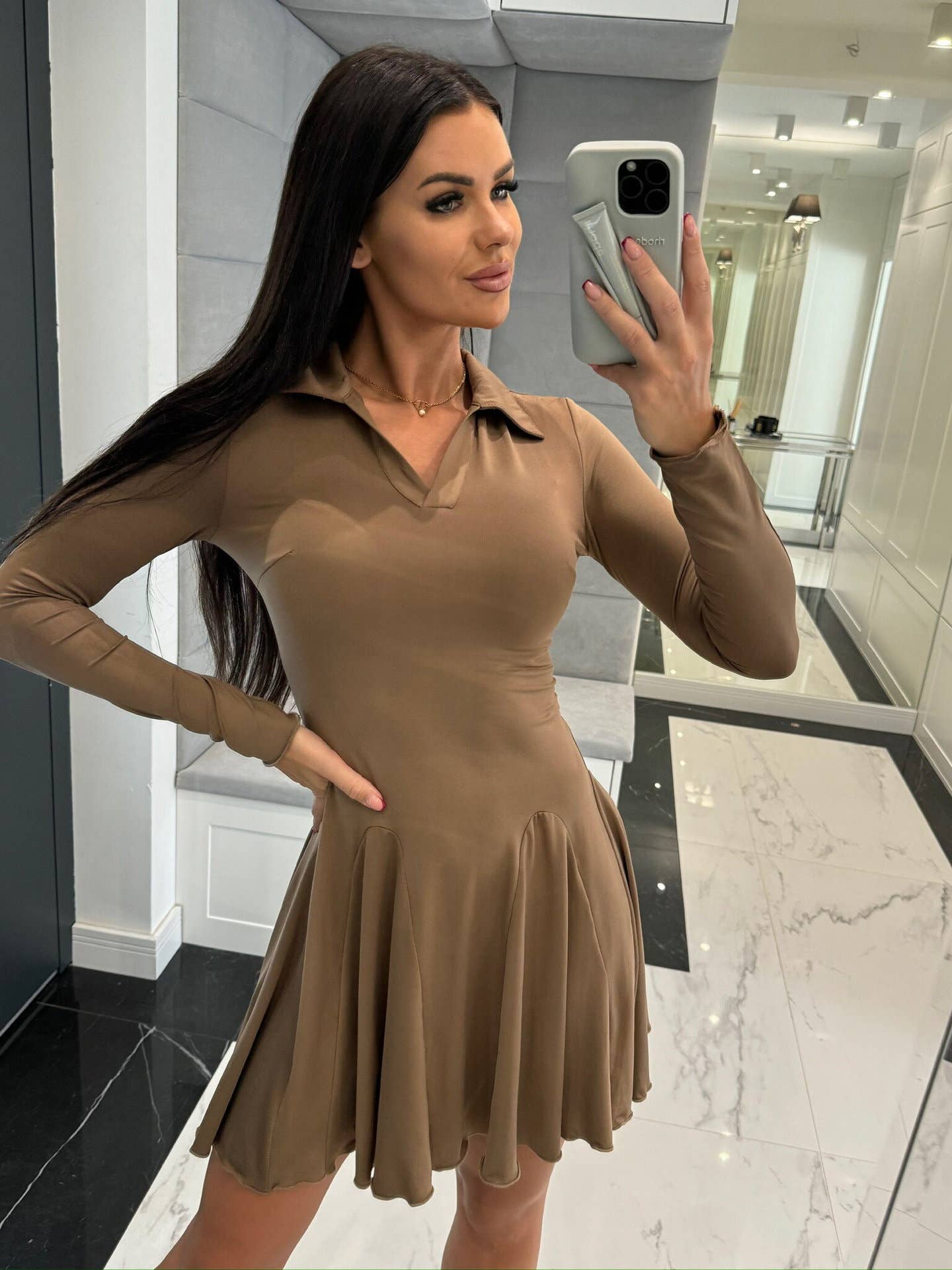 SOLID COLOR WAISTLINE LONG SLEEVE LAPEL DRESS