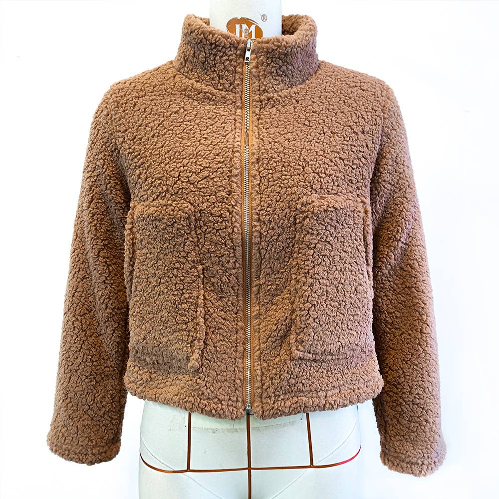 STAND-UP COLLAR ZIPPER PLUSH SOLID COLOR COAT