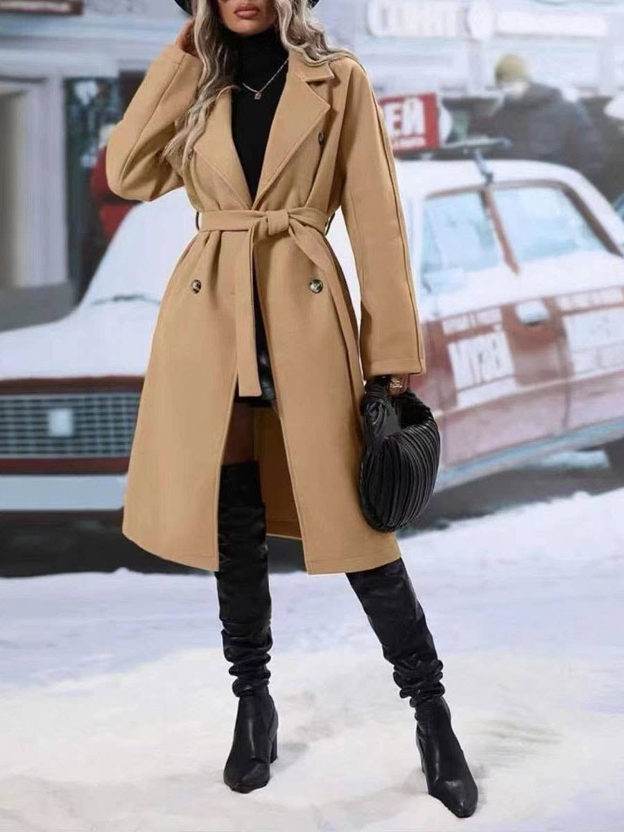 Thickened lapel tie double-breasted longer coat