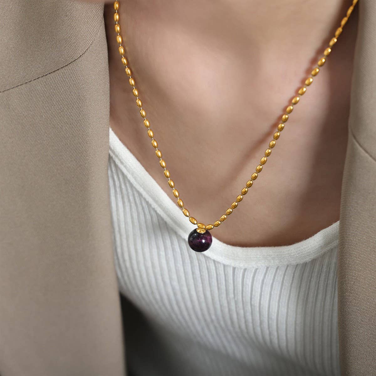 NATURAL STONE AGATE PENDANT TITANIUM STEEL NECKLAC