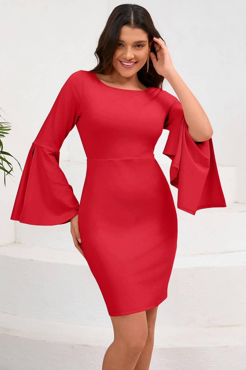 CWDSD6460_SOLID COLOR ROUND NECK TRUMPET SLEEVE HIP DRESS