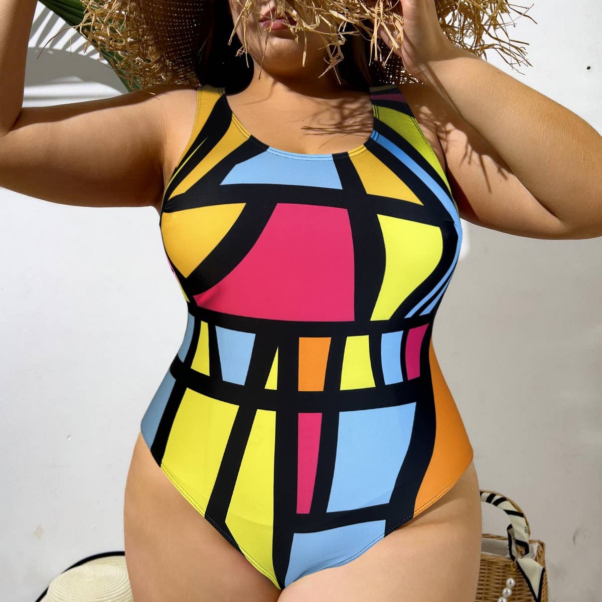 MULTICOLOR HIGH-WAISTED TANKINI SWIMSUIT