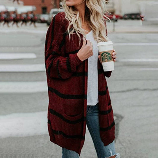 Striped women's loose long unbuttoned knit cardigan