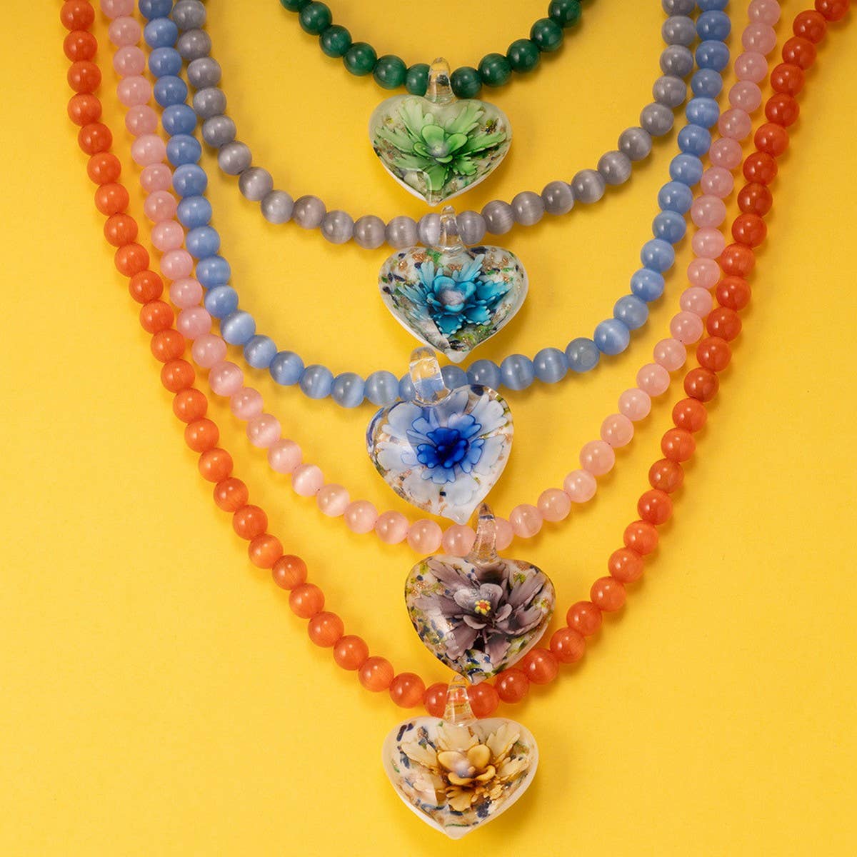 Cat??¢s Eye Glass Heart Flower Pendant Necklace_CWMM7536