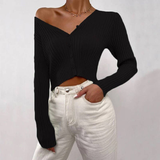 V-NECK PIT STRIP SINGLE BREASTED SHORT CARDIGAN