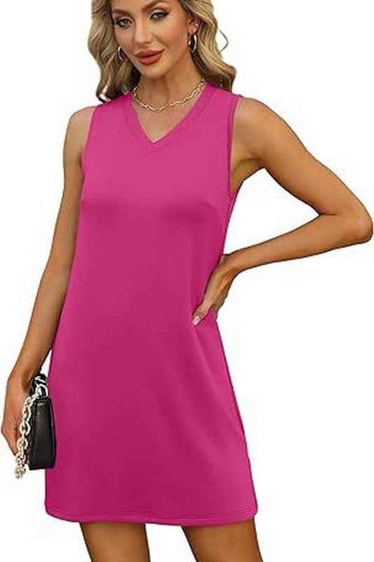 CWDSD8777_V-NECK SLEEVELESS BOTTOM SLIT SOLID COLOR VEST DRE