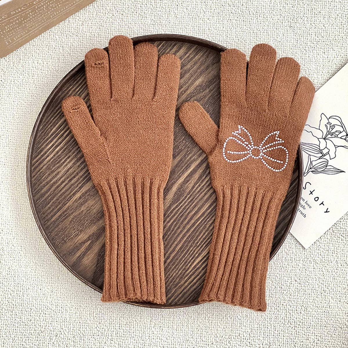 RHINESTONE BOW TOUCH SCREEN FIVE-FINGER GLOVES_CWAG0141