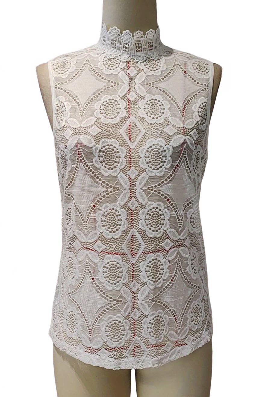 Solid-color stand-up collar lace patchwork Top