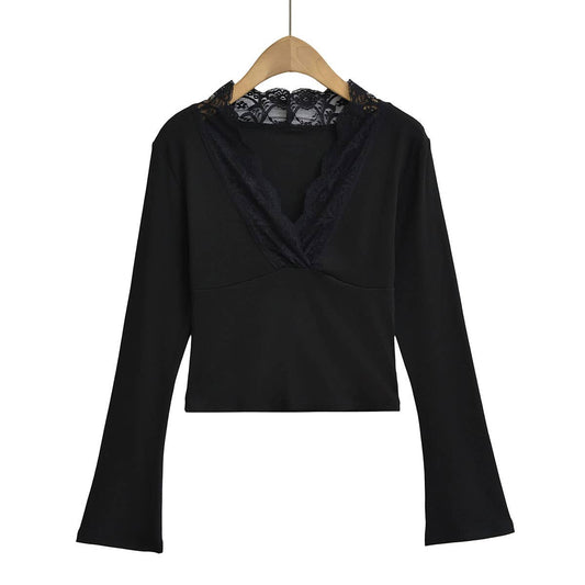 SPICE GIRLS DEEP V-NECK LACE PATCHWORK T-SHIRT