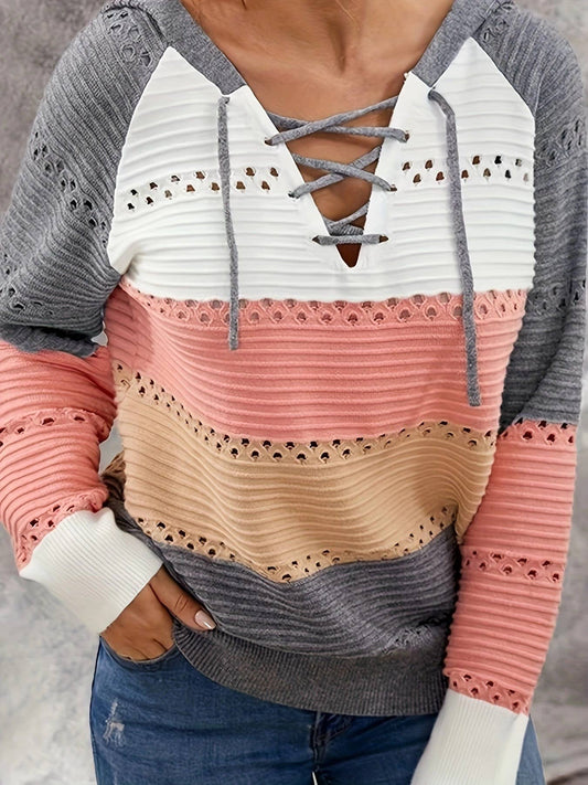 V-NECK STRIPED HOODED KNIT JUMPER