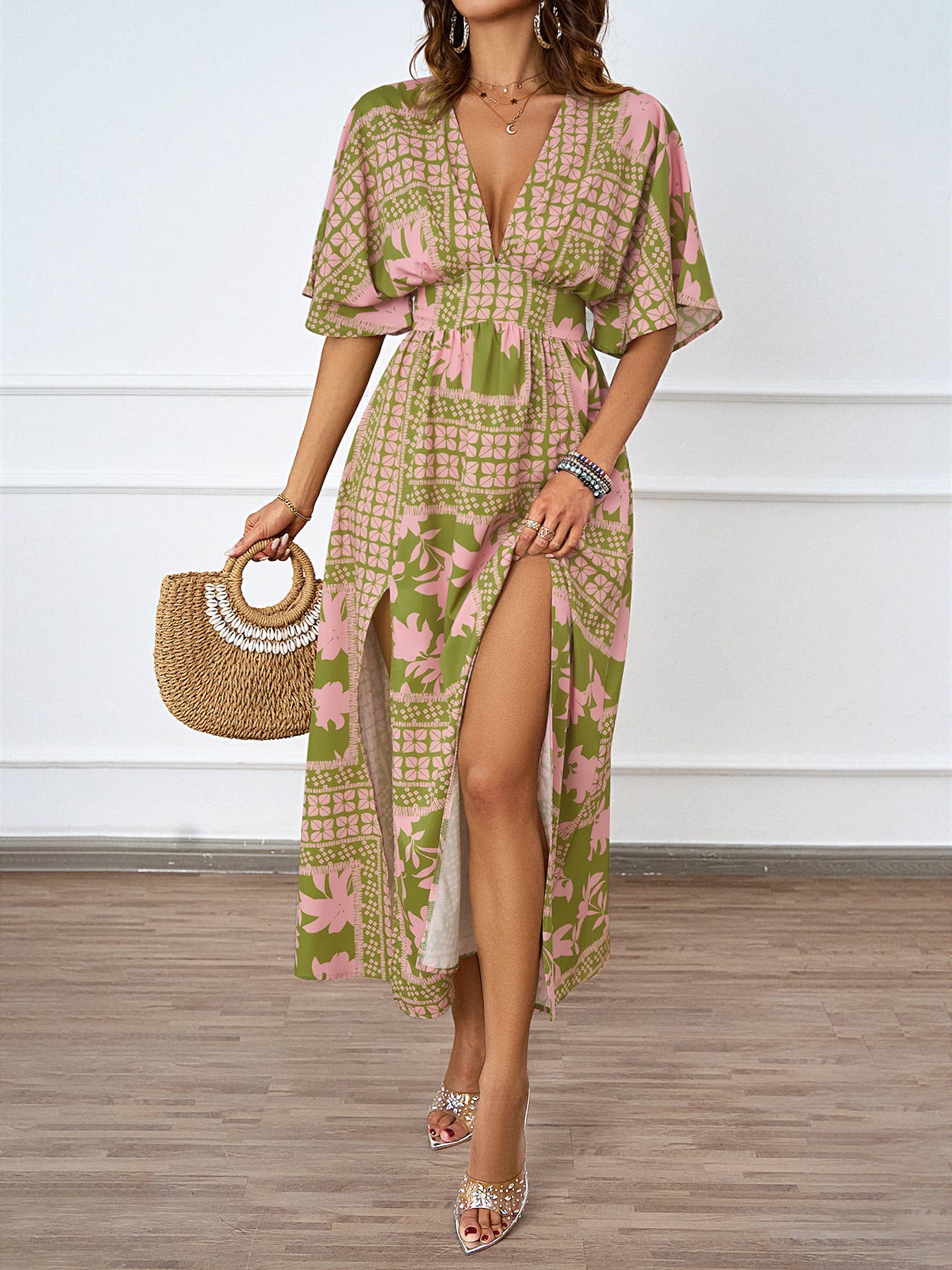 SEXY V-NECK SHORT SLEEVE PRINTED WAIST DRESS