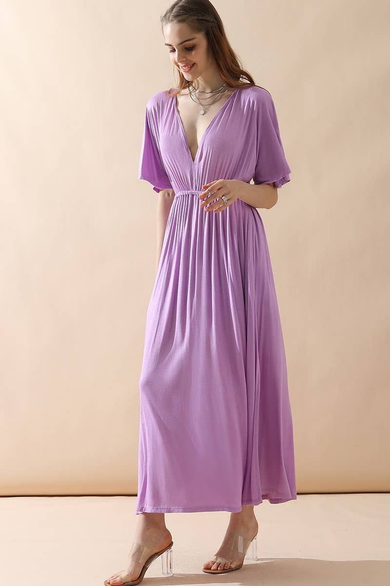 CWDMD825_V NECK BACK BOW TIE EMPIRE MAXI DRESS