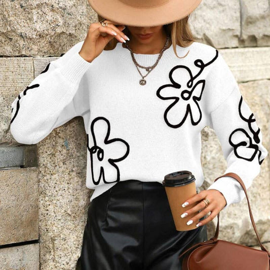 Flower-Patterned Round-Neck Knitted Sweater