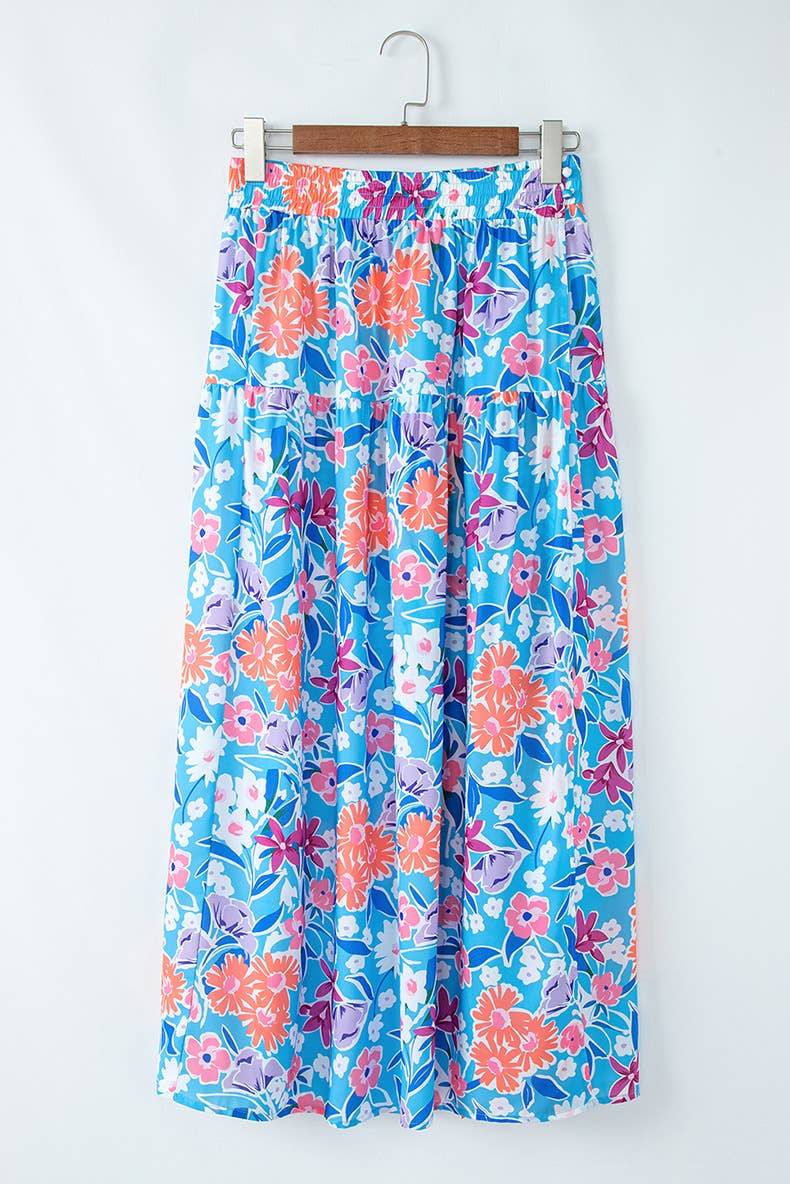 Holiday floral print fashion side slit long skirt