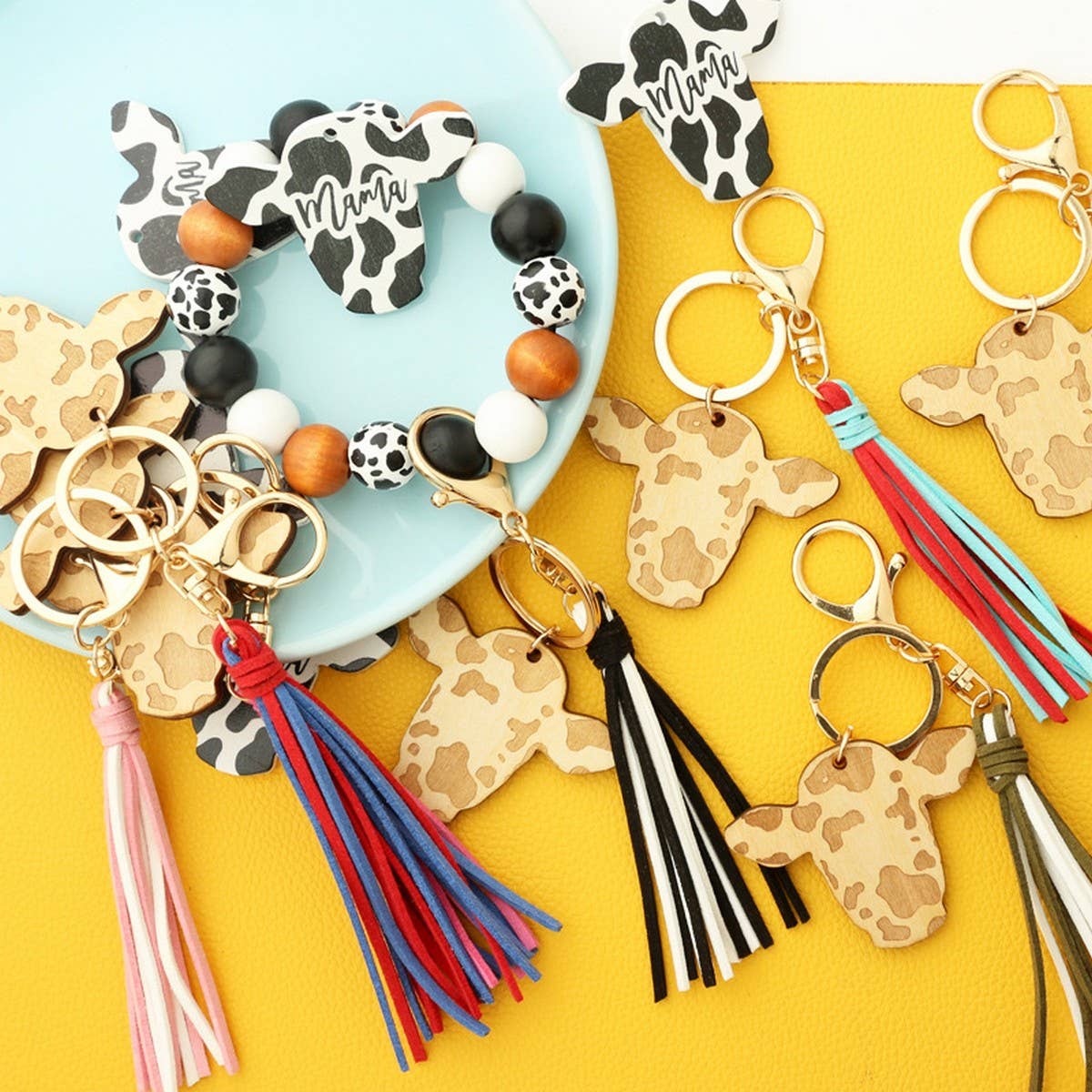 Cow Head Keychain with Tassel and Wood Beads_CWAB5093