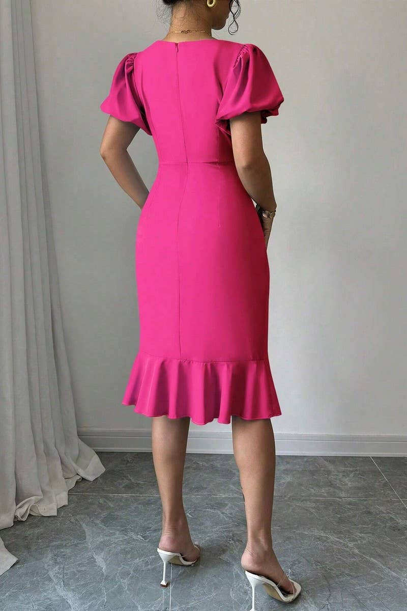 CWDSD7396_ROUND NECK LANTERN SLEEVE RUFFLED FISHTAIL DRESS