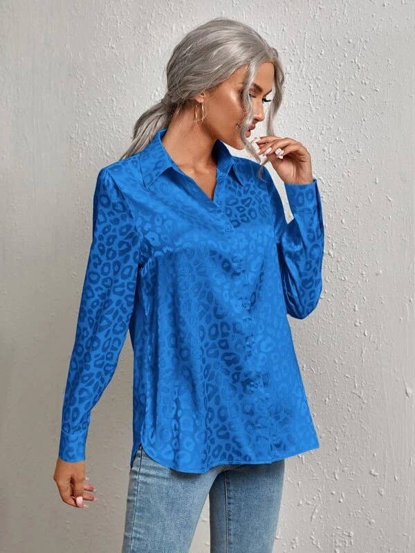 Lapel open button leopard print jacquard shirt