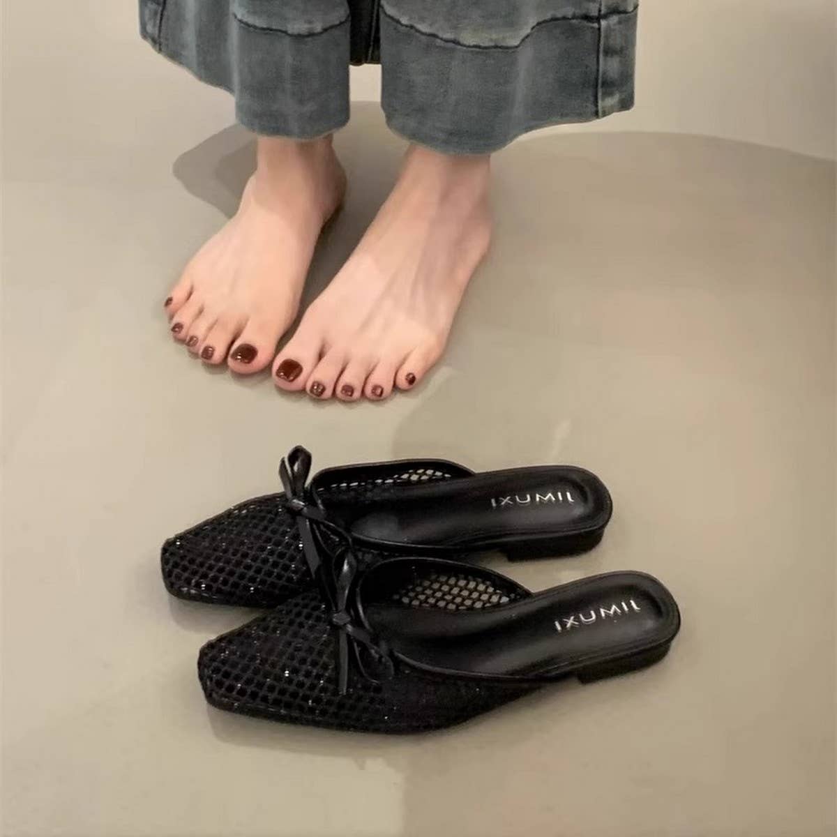 Mesh Bow Knit Mules Flat Ballet Slip-On Shoes