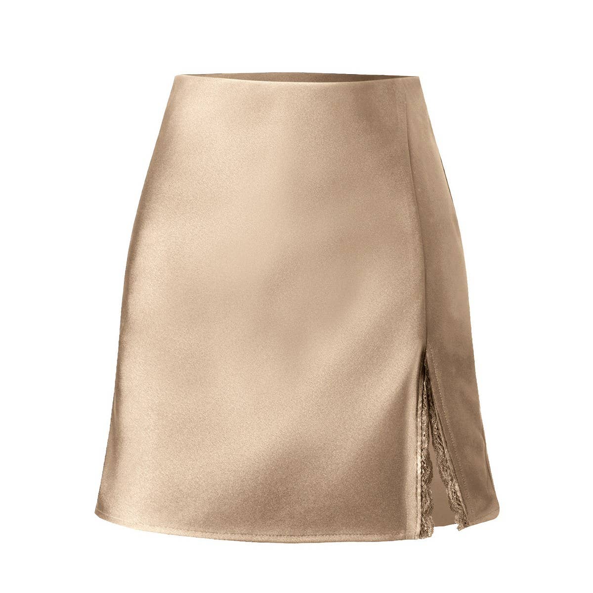 SATIN SKIRT LACE SLIT HIGH WAISTELASTIC SHORTSKIRT