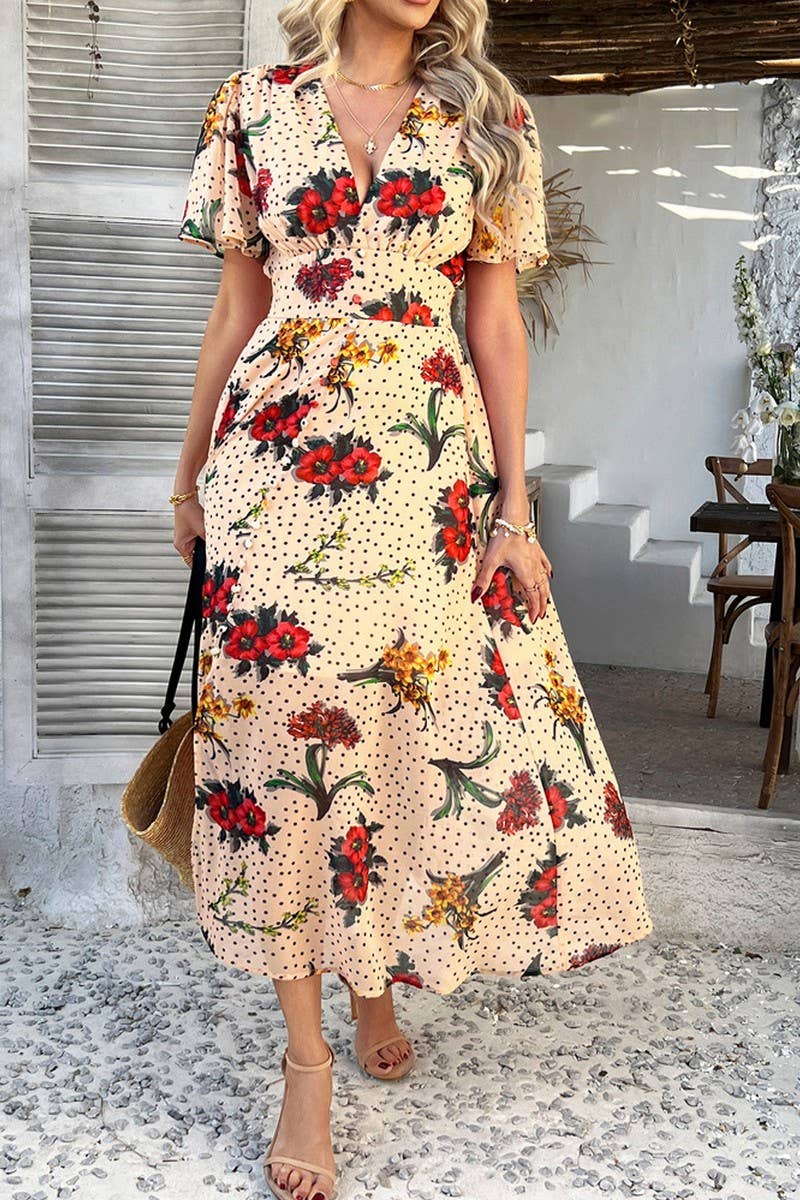 CWDMD5354_SUMMER SEXY DEEP V PRINTED SHORT SLEEVE DRESS