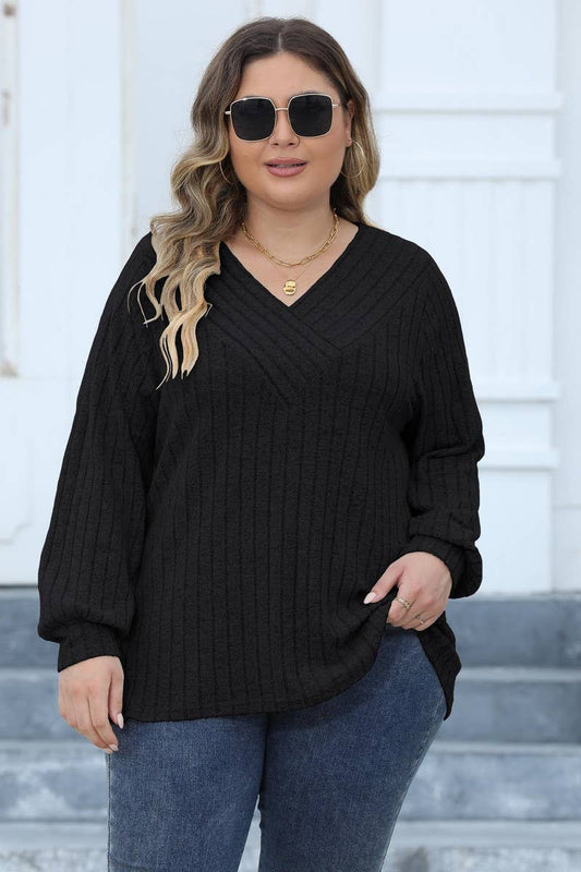 Cwttl1311_Plus Size V-Neck Long Sleeve Pullover Top