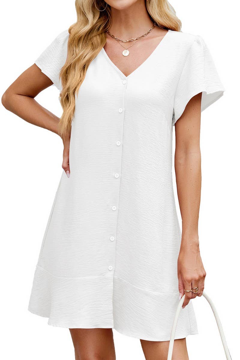 CWDSD7313_SOLID COLOR V-NECK BUTTON SHORT SLEEVE DRESS