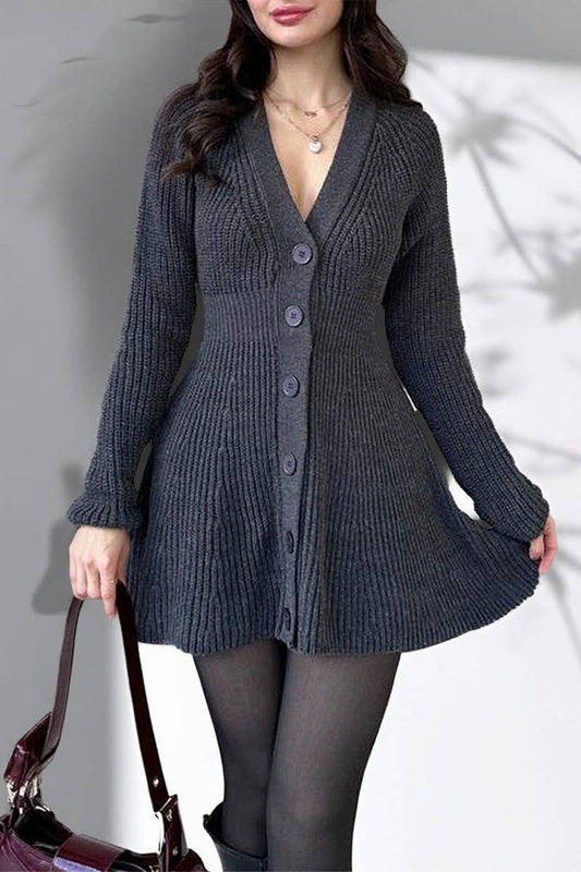 CWDSD10835_V-NECK SOLID LONG SLEEVE SWEATER DRESS