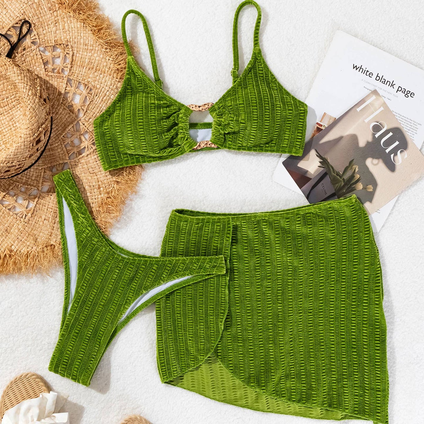 Metal Ring Bikini Set - Green 3 Piece Swimsuit