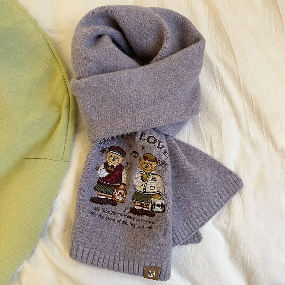 Bear embroidered knitted scarf for warmth and cozy_CWASC1497