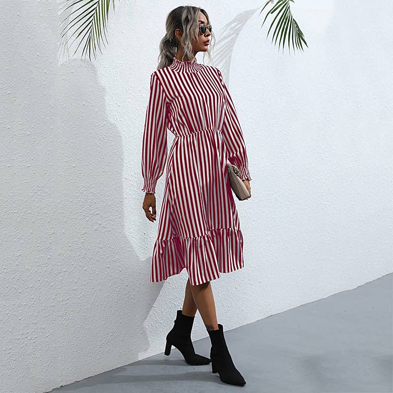 VERTICAL STRIPED FASHION SEMI-TURTLENECK DRESS