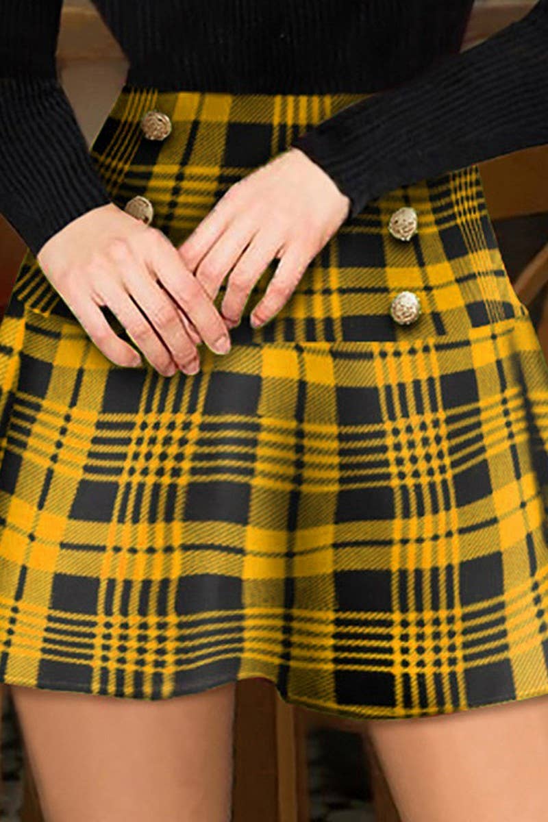 CWBSS0477_PLAID PRINT BUTTON HIGH WAIST MINI SKIRT