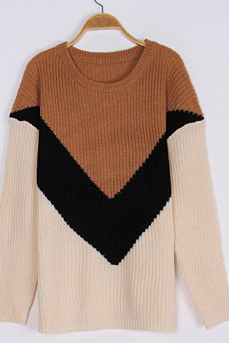 Irregular crew neck V-shaped pullover sweater