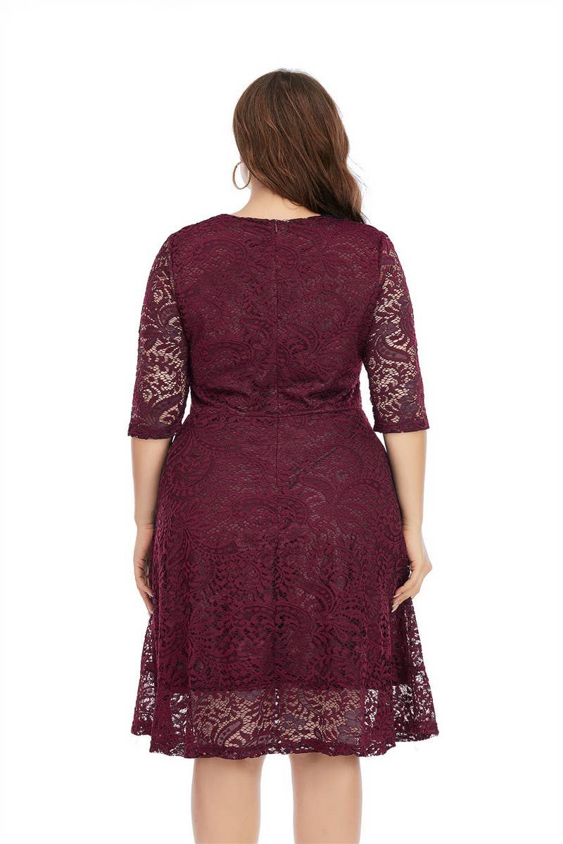 CWDSD5552_PLUS SIZE ROUND NECK LACE MIDI DRESS